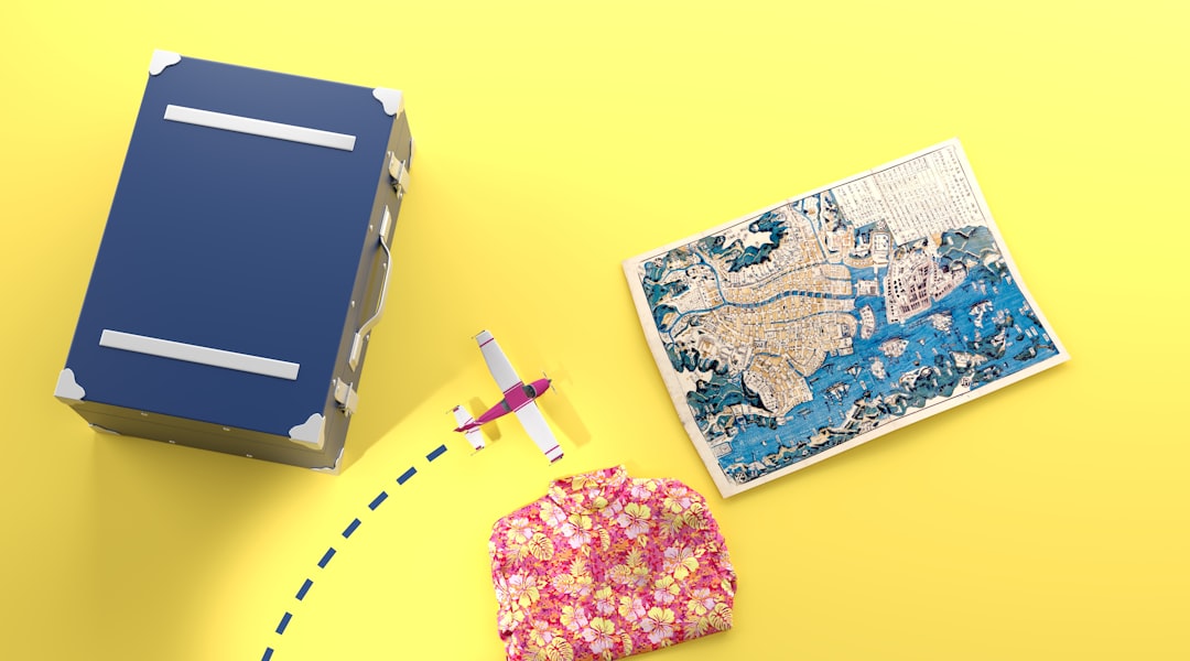 Travel planning checklist with suitcase, calendar, map pins, passport, and route line