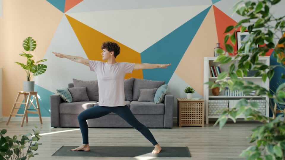 Morning Mobility Routine beside a sunlit window with a mat, water glass, and simple movement cues
